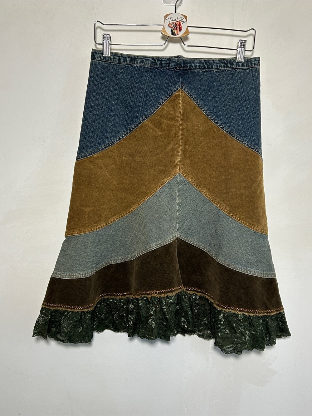 Vintage Boho Patchwork Denim Blue Jean Earth Tone Tan Grey Lace Hem Skirt